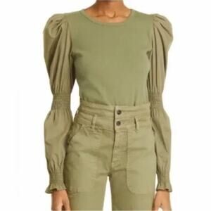 Veronica Beard Jeans Fawn Long Puff Sleeve Mix Media Ribbed Top XL. LIKE NEW